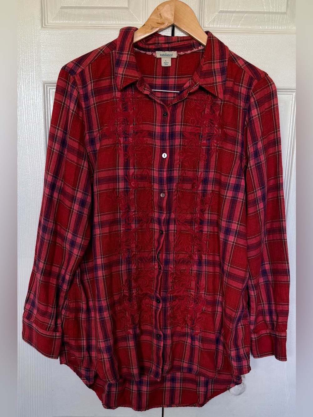Sundance Embroidered Plaid Button Front Shirt Red Floral Size L